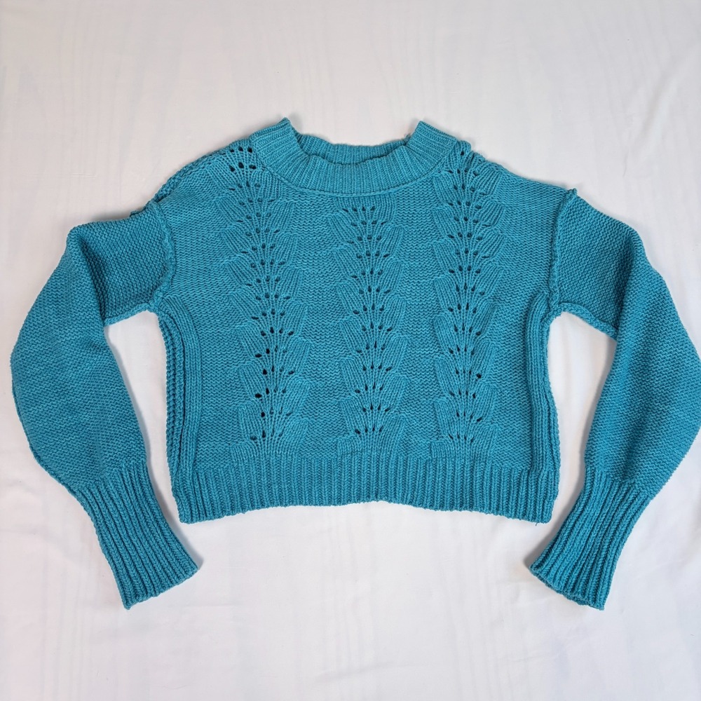 Free People Sweater Bell Song Teal Boho‎ Blue Thick Cozy Sz S Cropped Oversized